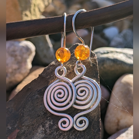 Sterling Silver Baltic Amber Earrings Tribal Spiral Metallic Statement - Picture 3 of 16